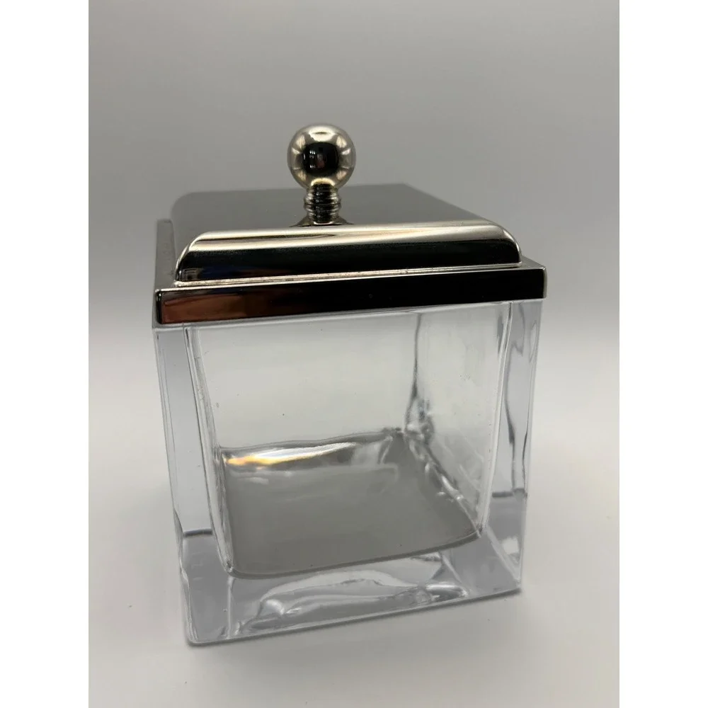 Modern Square Clear Glass Apothecary Canister Polished Silver Metal Lid